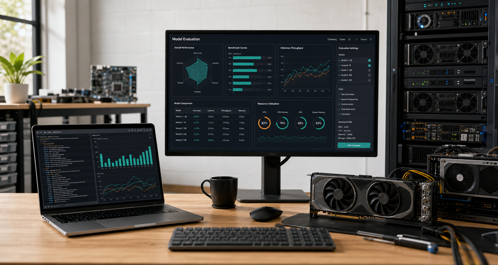 Technology review desk with AI dashboard, laptop, GPU, and server equipment